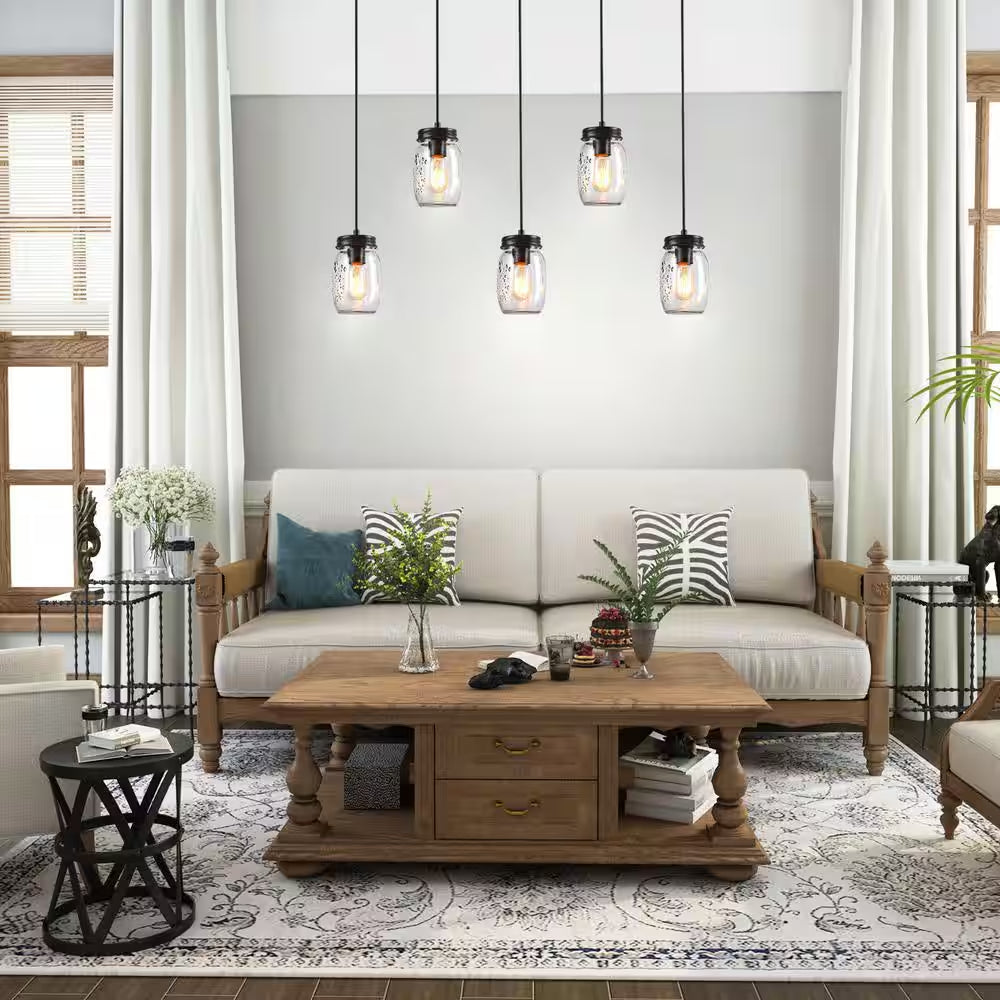 Modern Farmhouse 33 In. Wood DIY Linear Cluster Chandelier 5-Light Dark Brown Island Pendant with Rustic Mason Jar Shade