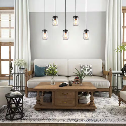 Modern Farmhouse 33 In. Wood DIY Linear Cluster Chandelier 5-Light Dark Brown Island Pendant with Rustic Mason Jar Shade