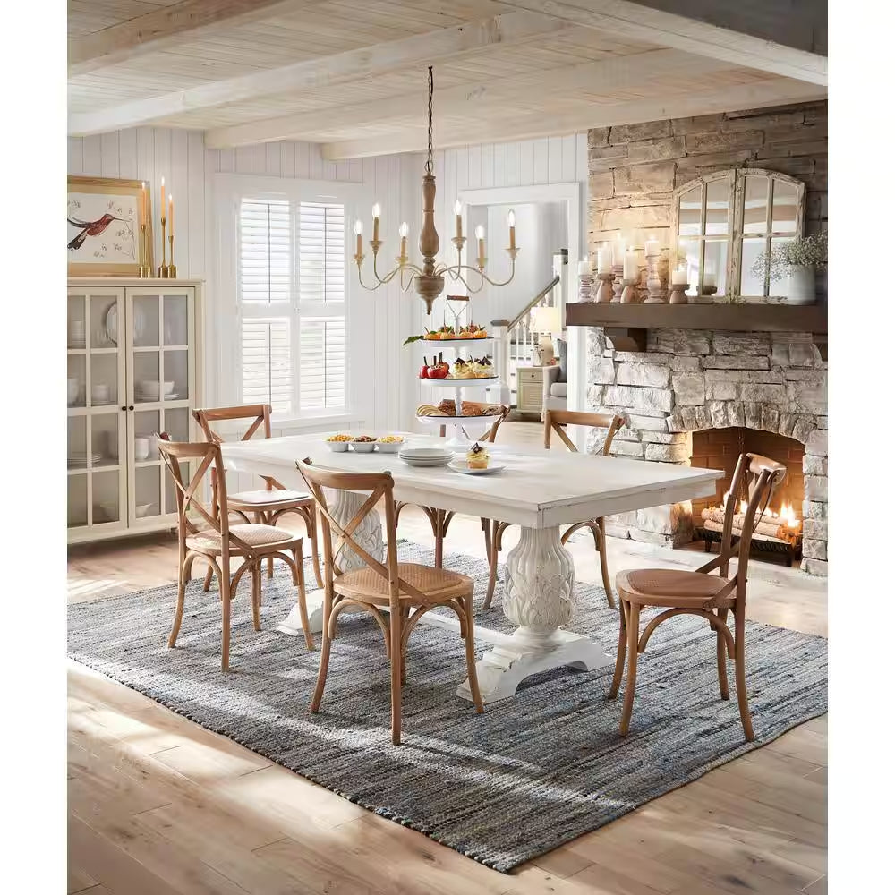 6-Light Rustic Farmhouse Wood Chandelier 29.5 In. W with Antique White French Country Accents and Classic Candle Style