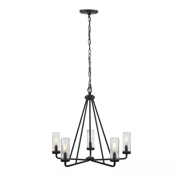 Bainbridge 24 In. 5-Light Black Outdoor Urban Industrial Chandelier with Clear Seeded Glass Shades