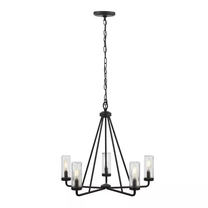 Bainbridge 24 In. 5-Light Black Outdoor Urban Industrial Chandelier with Clear Seeded Glass Shades