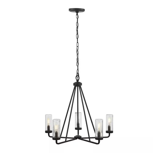 Bainbridge 24 In. 5-Light Black Outdoor Urban Industrial Chandelier with Clear Seeded Glass Shades