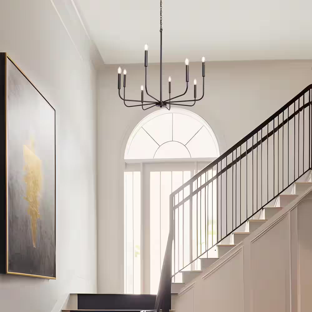 Industrial 31.5 In. 8-Light Black Candlestick Chandelier for Living Room Dining Room Modern Cottage Large Ceiling Light