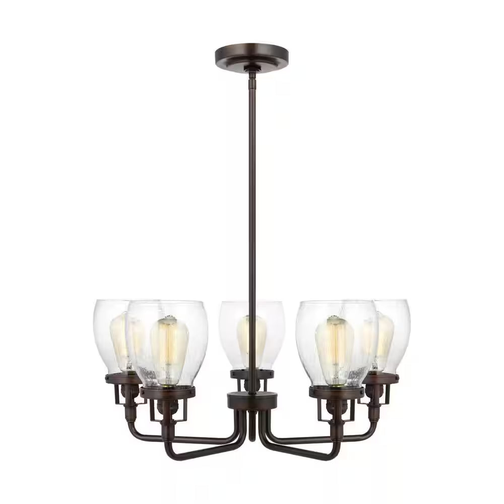 Belton 5-Light Bronze Transitional Industrial Hanging Chandelier with Clear Seeded Glass Shades