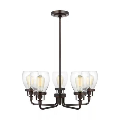 Belton 5-Light Bronze Transitional Industrial Hanging Chandelier with Clear Seeded Glass Shades