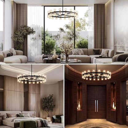 36-Light Black round Chandelier, 36 In. Modern K9 Crystal Chandelier for Dining Room, Living Room, Foyer