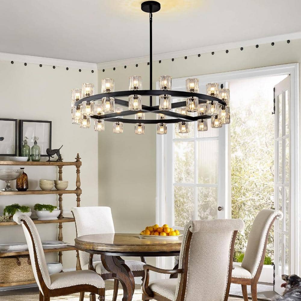 36-Light Black round Chandelier, 36 In. Modern K9 Crystal Chandelier for Dining Room, Living Room, Foyer