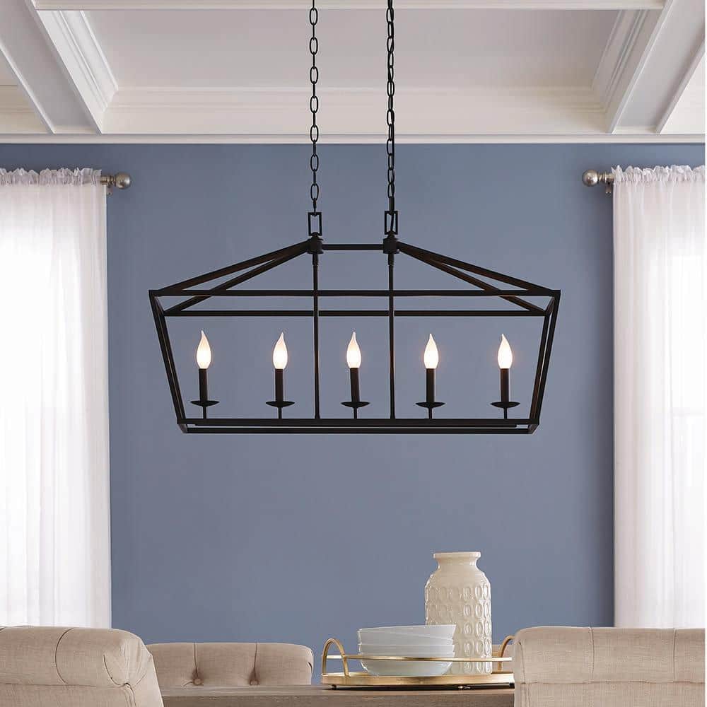 Weyburn 36 In. 5-Light Bronze Farmhouse Linear Chandelier Light Fixture with Caged Metal Shade
