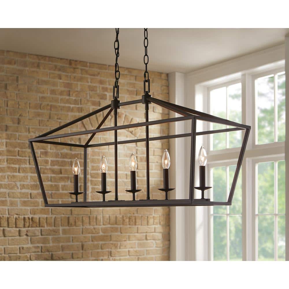Weyburn 36 In. 5-Light Bronze Farmhouse Linear Chandelier Light Fixture with Caged Metal Shade