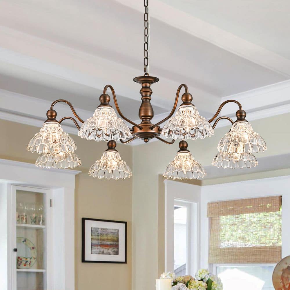 Dvorakova 34.65 In. 8-Light Antique Bronze Vintage Chandelier with Glass Shades