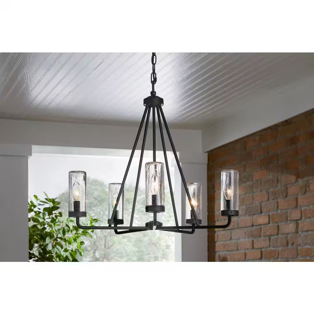 Bainbridge 24 In. 5-Light Black Outdoor Urban Industrial Chandelier with Clear Seeded Glass Shades