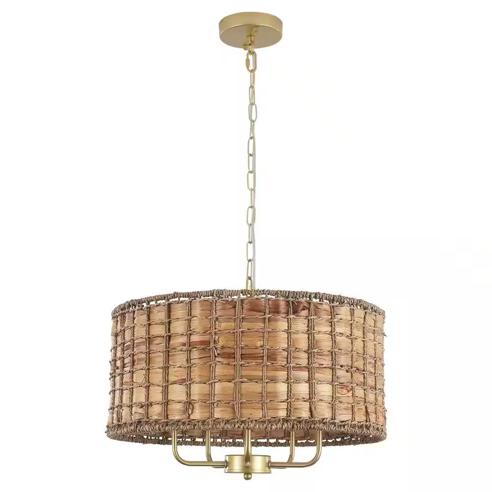 5-Light Gold Drum Bohemian Chandelier with Hand Woven Shade