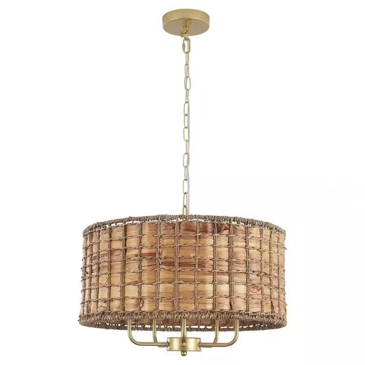 5-Light Gold Drum Bohemian Chandelier with Hand Woven Shade