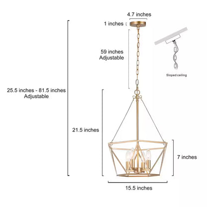 Modern Gold Dining Room Chandelier, 15.7 In. 4-Light Farmhouse Cage Bedroom Chandelier Pendant Light for Kitchen Island