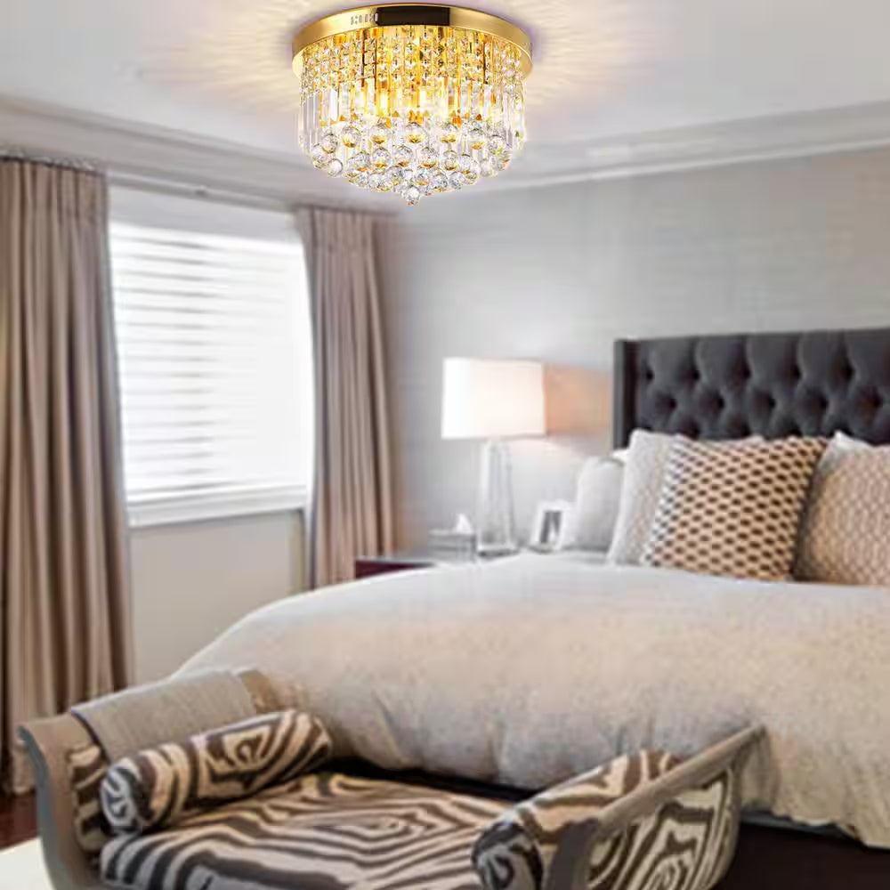 9-Light 20 In. Gold Flush Mount Crystal Chandelier for Bedroom Dining Room with No Bulbs Included
