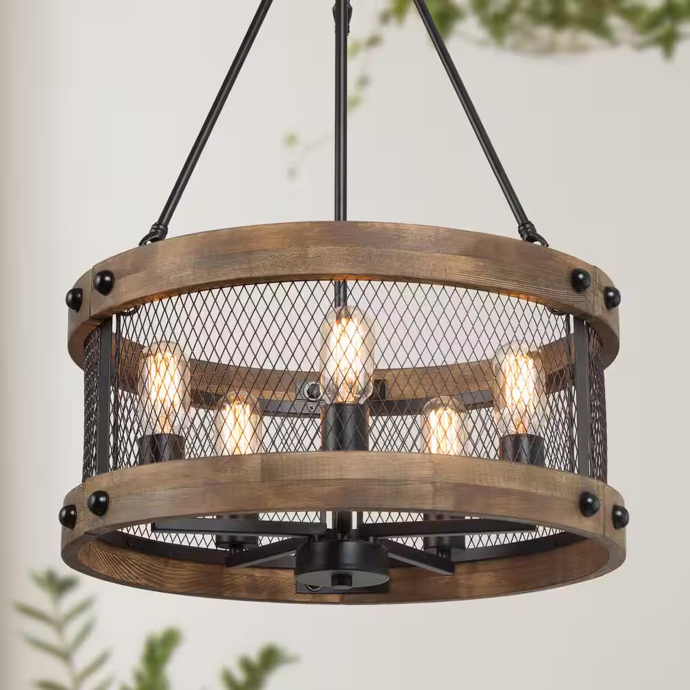 Wood Drum Chandelier 5-Light Brown Candle Black Rustic Farmhouse Chandelier Pendant Dining Room Industrial Chandelier