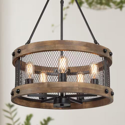 Wood Drum Chandelier 5-Light Brown Candle Black Rustic Farmhouse Chandelier Pendant Dining Room Industrial Chandelier