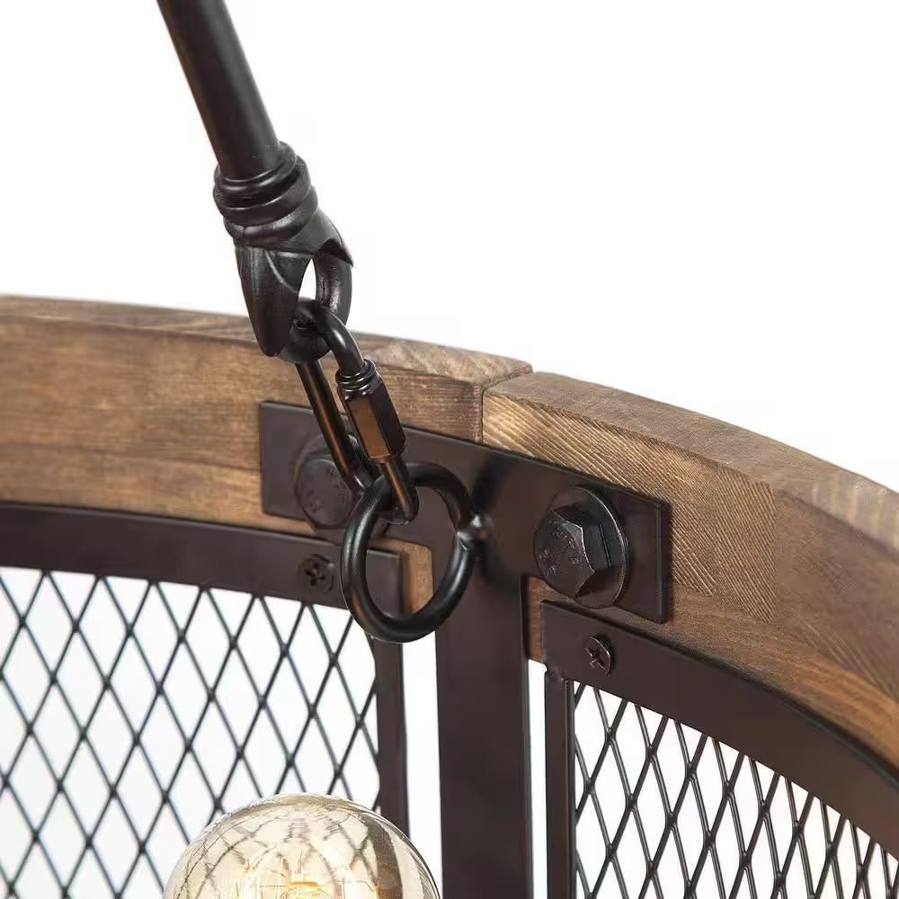 Wood Drum Chandelier 5-Light Brown Candle Black Rustic Farmhouse Chandelier Pendant Dining Room Industrial Chandelier