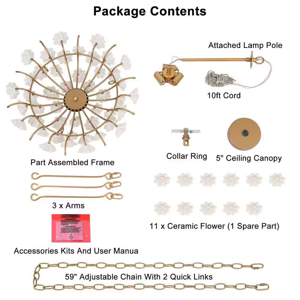 Modern Brass Gold Island Chandelier Light 3-Light round Chandelier Light with Ceramic Flowers