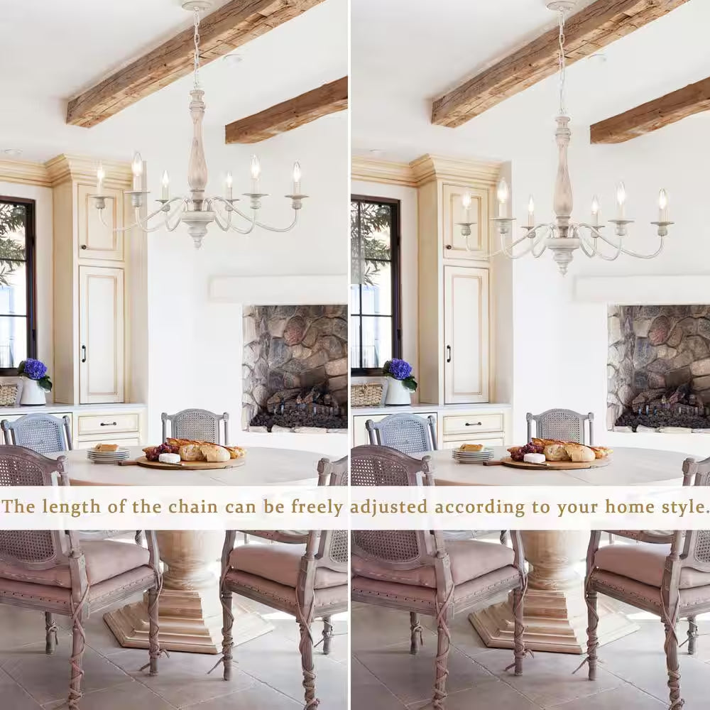 6-Light Vintage Beige Farmhouse Wood Candle Chandelier French Country Style Pendant Light