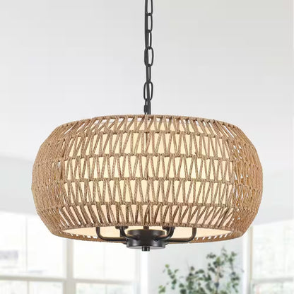 6-Light Black Bohemian Drum Chandelier with Straw Woven Shade for Kitchen Island