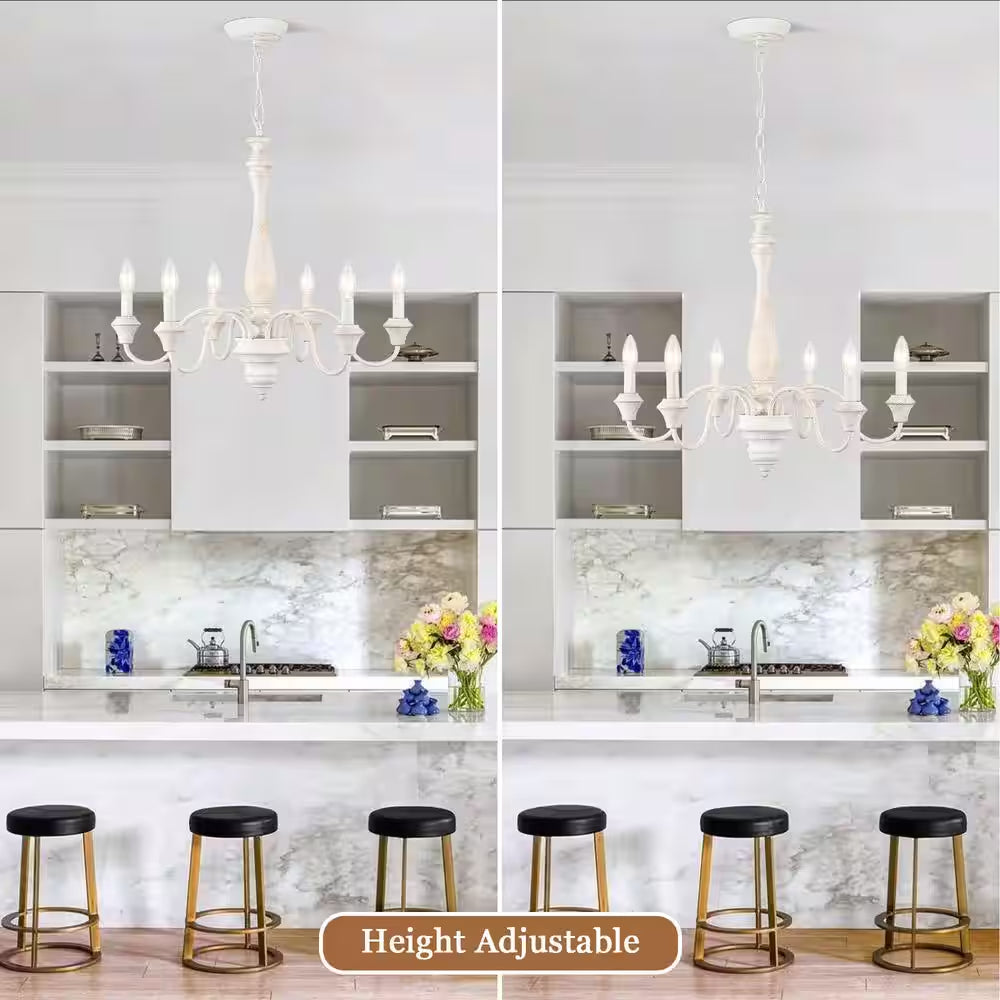 6-Light Distressed White Classic Chandelier for Dining Room Candle Light Fixture