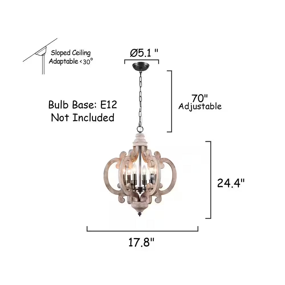 Voitto Cottage Chic Crown 6-Light Weathered Wood Chandelier, Farmhouse Wooden Pendant Light