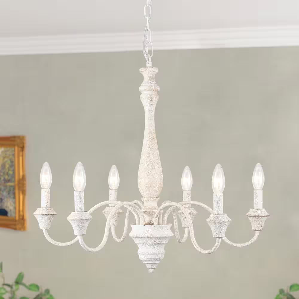 6-Light Distressed White Classic Chandelier for Dining Room Candle Light Fixture