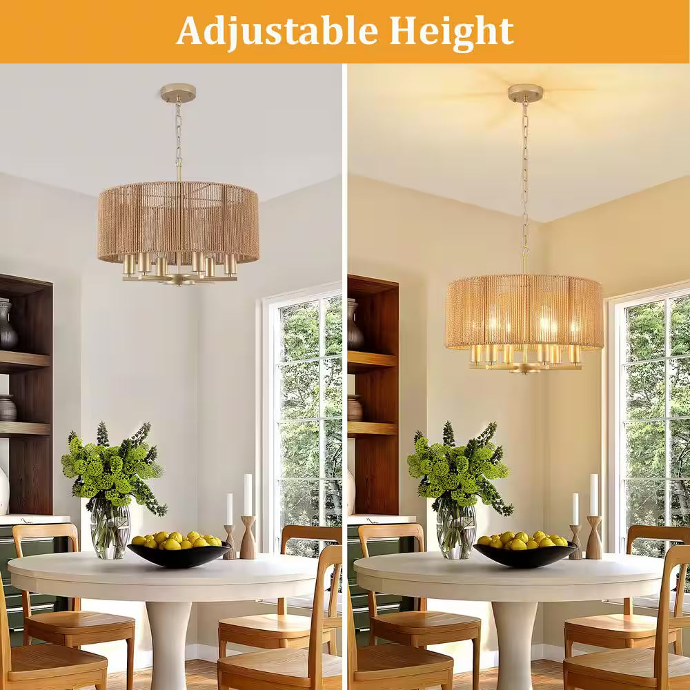 6-Light Natural and Gold Rattan Bohemian Drum Chandelier for Living Room Kitchen
