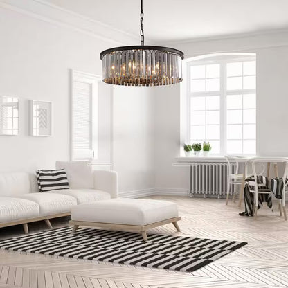 22 In. 6-Light Black Farmhouse Pendant Light Fixtures Crystal Drum Chandelier Dining Room Pendant Lighting