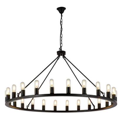 Industrial 24-Light Vintage Black Wagon Wheel Chandelier
