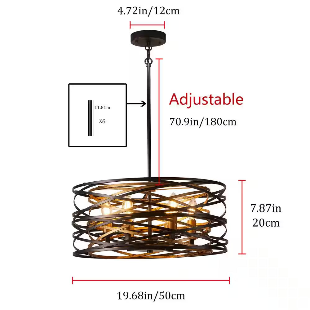 Industrial 6-Light Drum Black Cage Chandelier Farmhouse Metal Hanging Light Fixture