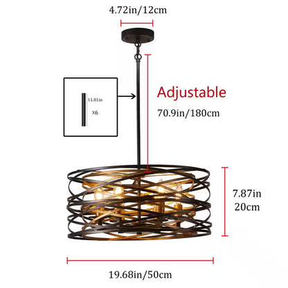 Industrial 6-Light Drum Black Cage Chandelier Farmhouse Metal Hanging Light Fixture