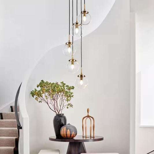 5-Light Modern Antique Gold Staircase Chandelier Clear Globe Bubble Glass Foyer Pendant