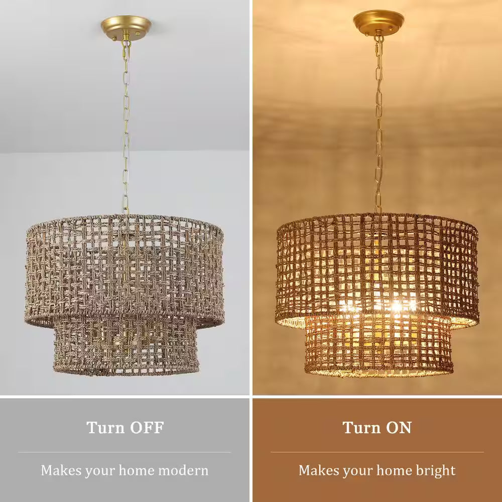 5-Light Gold Bohemian Chandelier 2-Tier Rattan Drum Pendant Light for Living Room