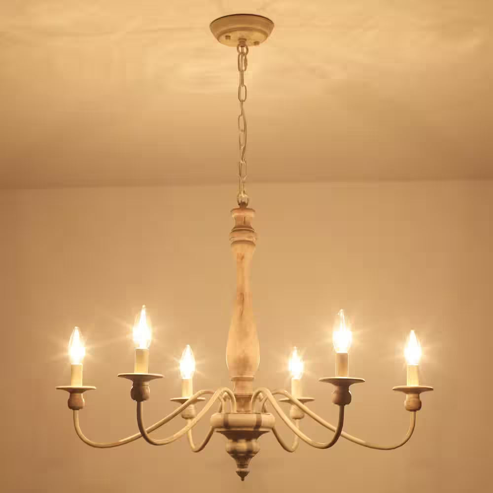 6-Light Vintage Beige Farmhouse Wood Candle Chandelier French Country Style Pendant Light