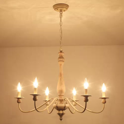 6-Light Vintage Beige Farmhouse Wood Candle Chandelier French Country Style Pendant Light