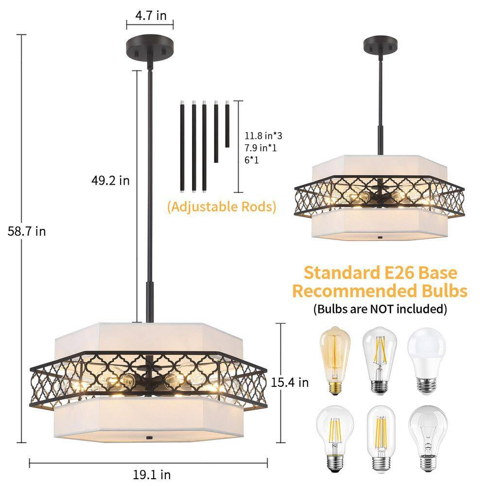 6-Light Modern Farmhouse Black Fabric Drum Chandelier for Living Room Kitchen Entryway Hallway Foyer