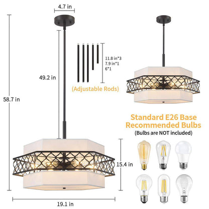 6-Light Modern Farmhouse Black Fabric Drum Chandelier for Living Room Kitchen Entryway Hallway Foyer