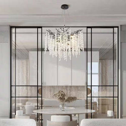 24" 8-Light Modern Crystal Chandelier Black Tree Branch round Chandelier for Dining Room, Living Room, Bedroom, Entryway