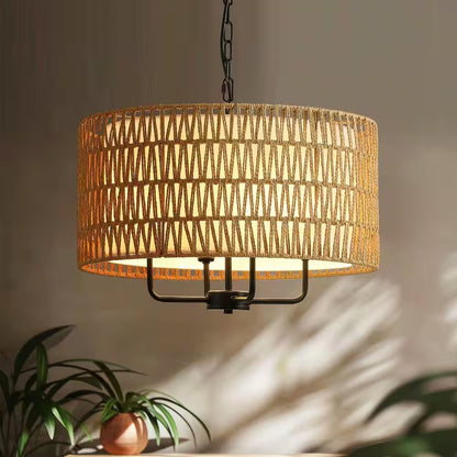 19.7 In. 4-Light Rattan Yellow Bohemian Chandelier for Foyer Dining Room