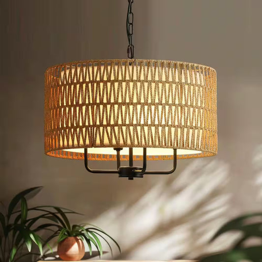 19.7 In. 4-Light Rattan Yellow Bohemian Chandelier for Foyer Dining Room