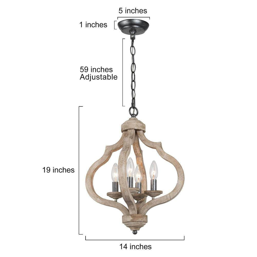 Lantern Wood Pendant 4-Light Cage Brown Rustic Chandelier Dining Room Island Chandelier with Farmhouse Candle Style