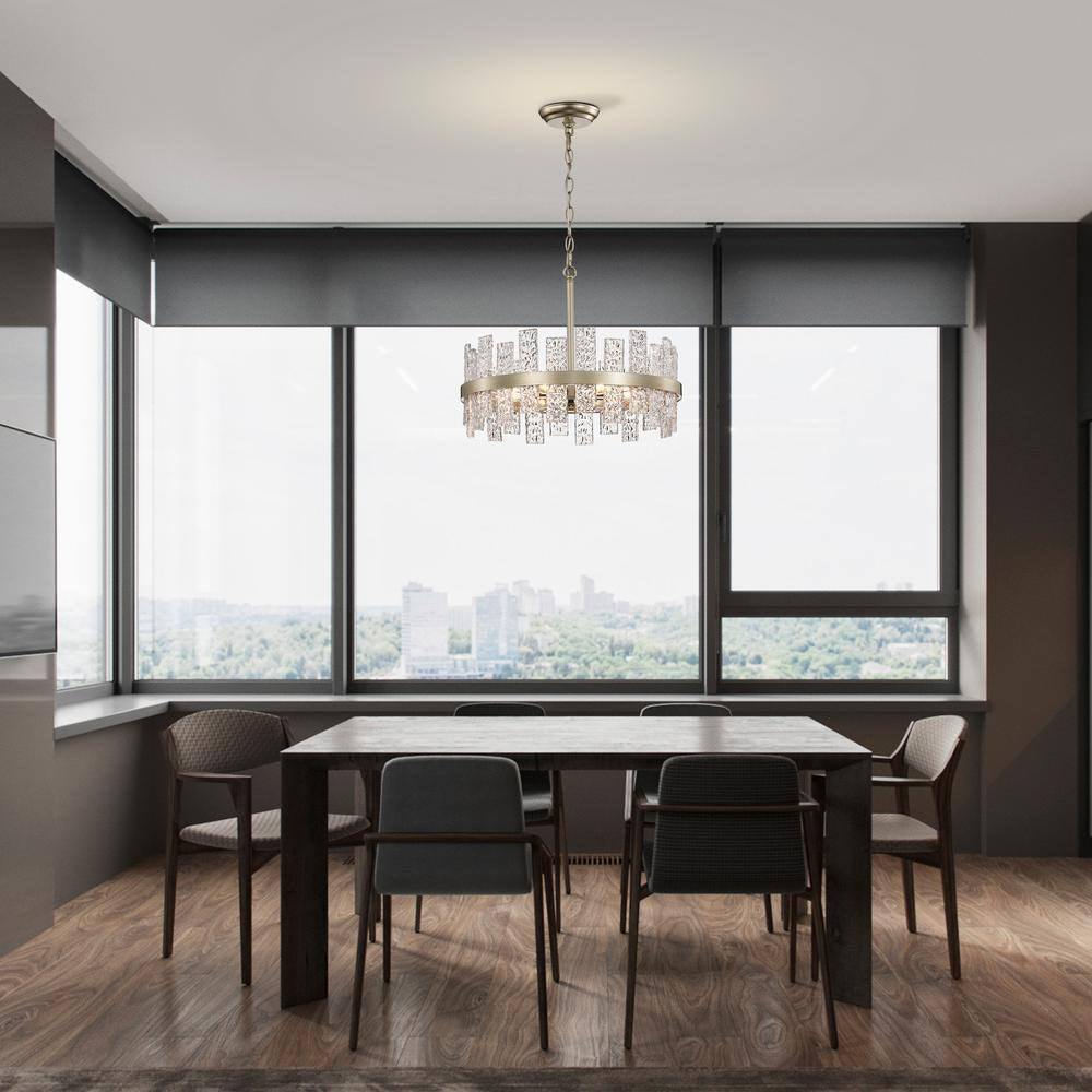 Eva 18.1 In. in Diameter 6-Light Brushed Champagne Silver Drum Glass Strip Chandelier