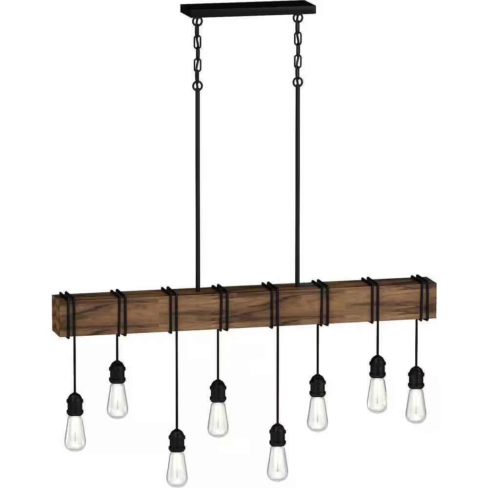 8-Light Rustic Black and Wood Grain Linear Island Bulb Chandelier