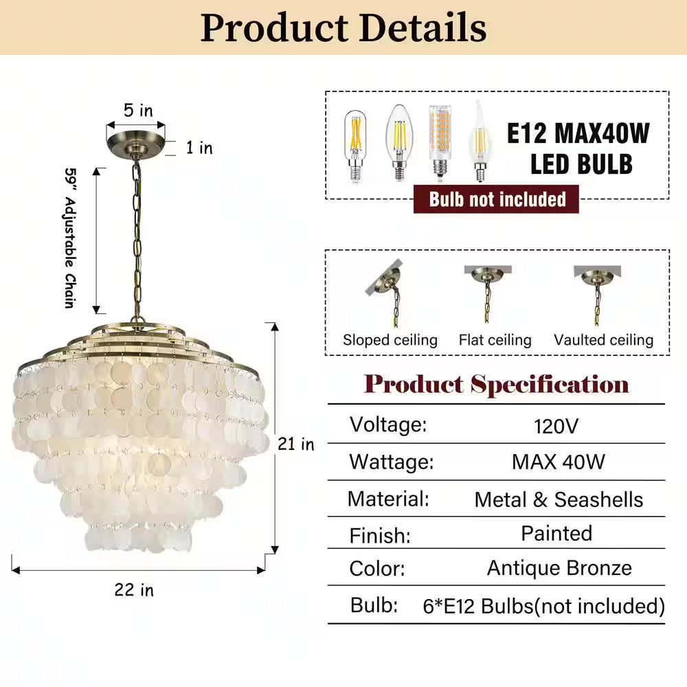 22 In. 6-Light Coastal Capiz Seahells Chandelier 4-Tier Vintage Natural Seashell Hanging-Light in Antique Gold