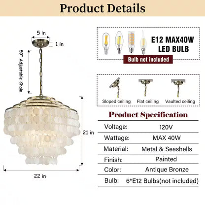 22 In. 6-Light Coastal Capiz Seahells Chandelier 4-Tier Vintage Natural Seashell Hanging-Light in Antique Gold