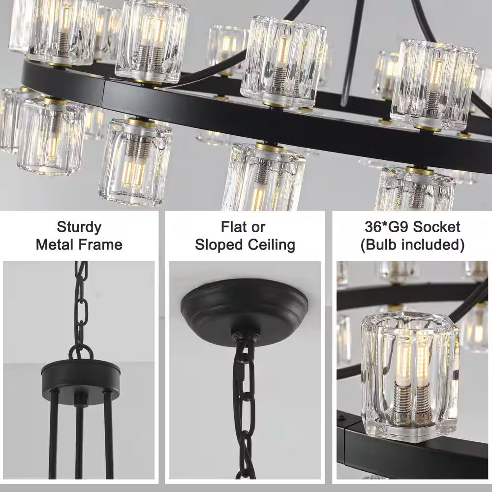 36.6 In. 36-Light Black Glass Crystal Modern Industrial Wagon Wheel Chandelier for Dining Living Room Foyer Staircase