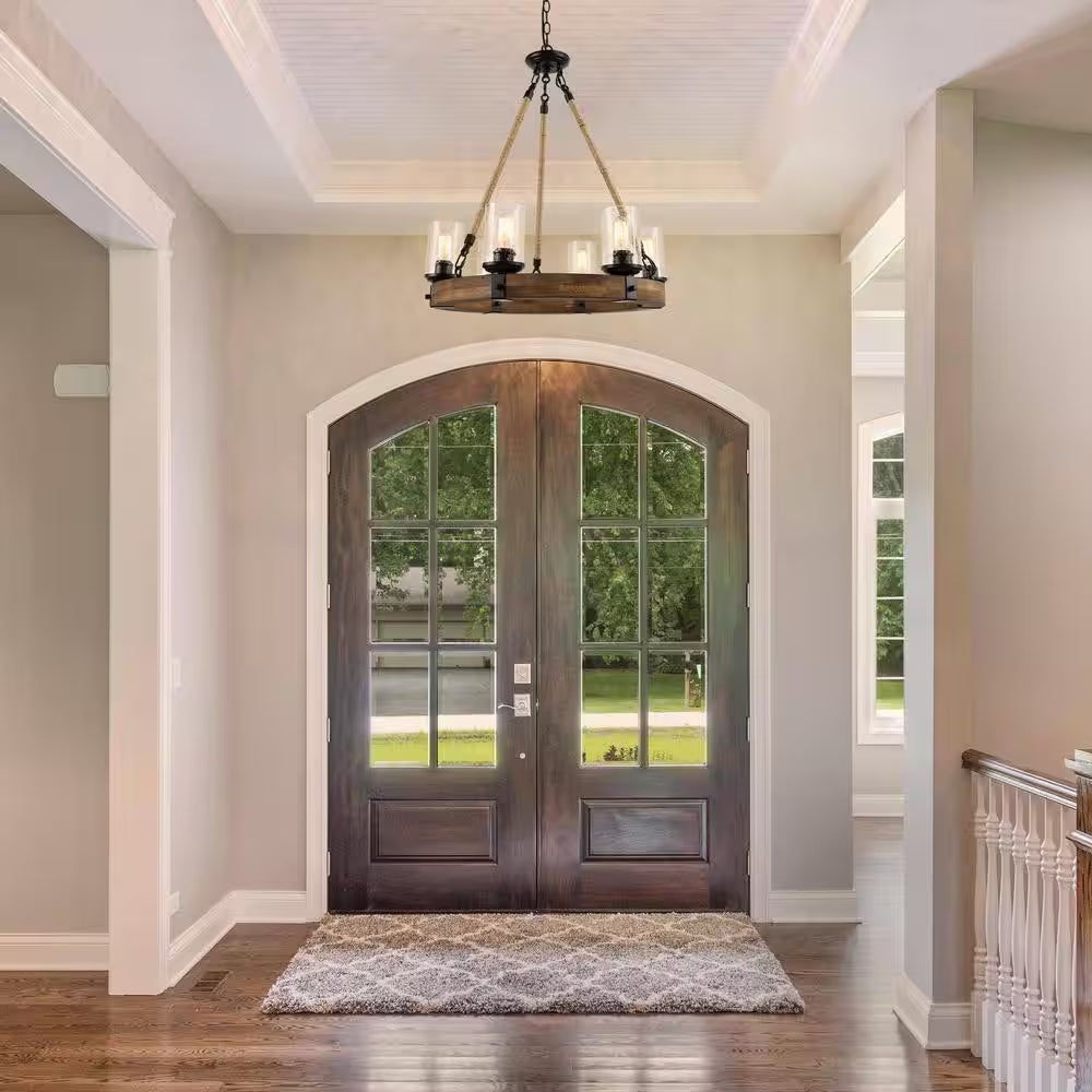 Farmhouse Chandelier 6-Light Black Wagon Wheel Wood Island Chandelier with Clear Seeded Glass Shade and Rope Accents