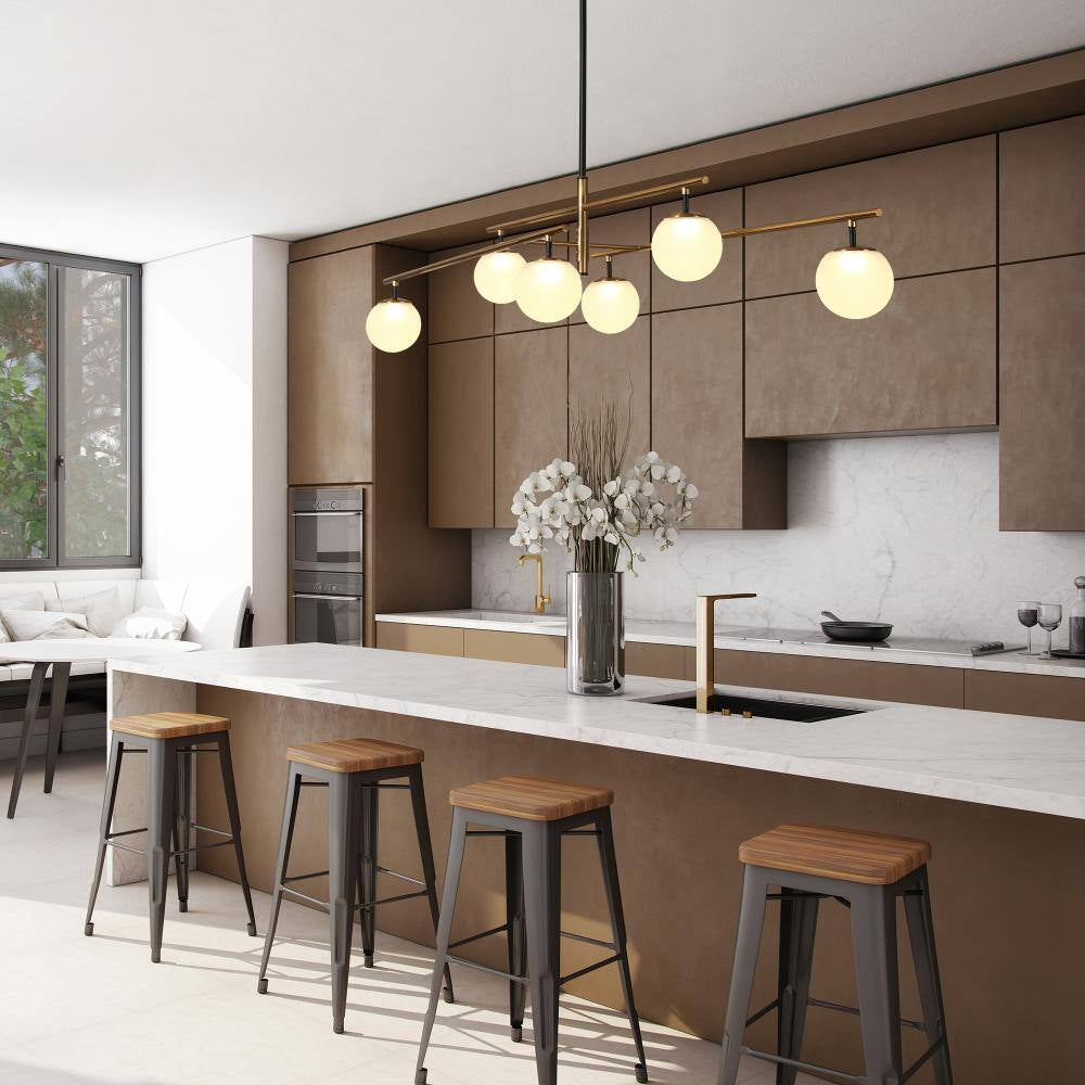 Transitional 6-Light Brass Linear Integrated LED Island Pendant Light, Globe Frosted Glass Chandelier for Dining Room